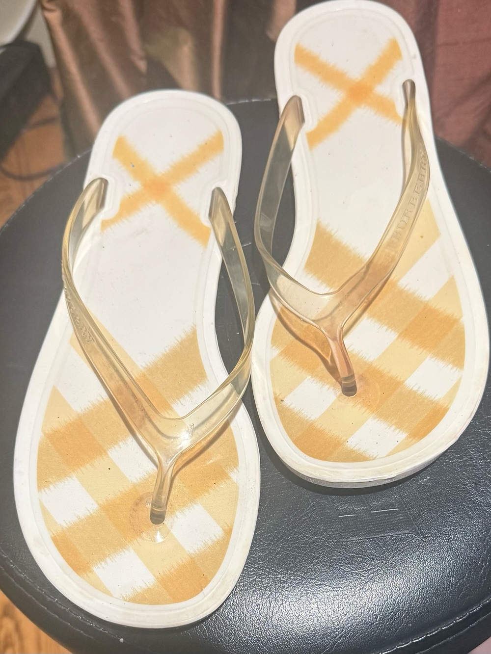 Burberry Gold-Trim Flip Flop Sandals with White & Mustard Check